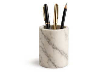 Pen holder with writing instruments on transparent background