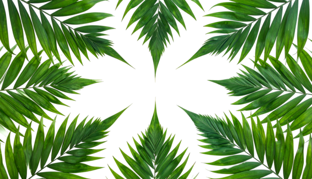 Symmetrical arrangement of vibrant green palm leaves forming a star-like pattern against black