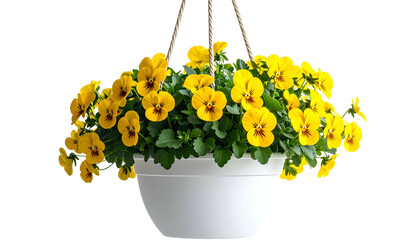 Hanging white planter filled with vibrant yellow flowers and green foliage