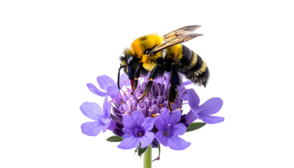 A fuzzy bee with black and yellow stripes lands on a purple flower against a black backdrop
