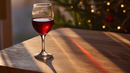 Golden hour light shining through a glass of red wine.