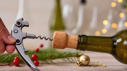 Close-up of a corkscrew extracting a cork from a bottle. original editorial holiday concepts.