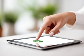 Close-up of a female hand tapping on a tablet screen with a green icon, showcasing modern technology and digital interaction in a bright, blurred background environment