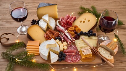 Festive cheese and charcuterie board with red wine, top view.