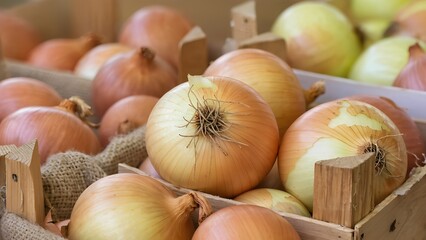 Freshly harvested yellow and red onions in wooden crates.