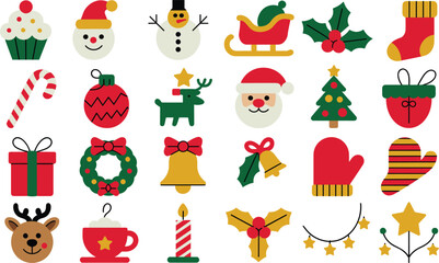 Naklejka premium Christmas holiday icon set, festive vector collection, Santa, snowman, reindeer, tree, gift, wreath, stocking, ornament, bells, lights, candle illustration