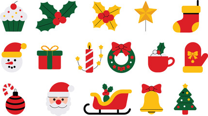 Christmas holiday icon set, festive vector collection, Santa, snowman, tree, wreath, stocking, ornament, gift, candle, cupcake, sleigh, bell illustration