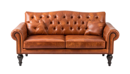 Two-seater, tufted leather sofa with rolled arms and decorative nailhead trim
