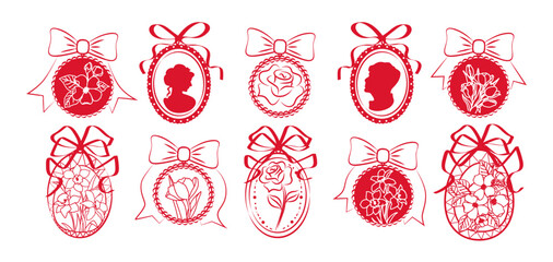 Elegant red ornament vector illustration featuring intricate oval frames, bows, floral patterns, and cameo silhouettes. Perfect for decorative designs, holiday cards, or festive crafts.