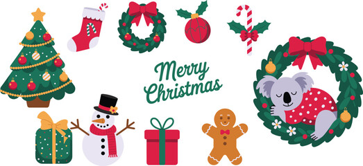 Christmas illustration set, festive holiday vector collection, decorated tree, stocking, wreath, koala, snowman, gifts, gingerbread, ornament, candy cane, Merry Christmas text