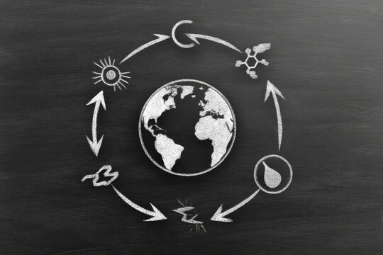 A chalk drawing of the Earth with arrows and symbols around it on a blackboard background, representing various aspects of environmental cycles such as energy flow or water cycle