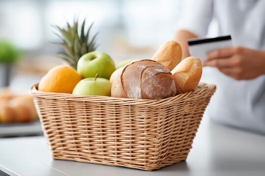 Freshly baked bread and assorted fruits in a wicker basket symbolize grocery shopping with eco-friendly goods and healthy nutrition, concept of natural lifestyle and card payment.