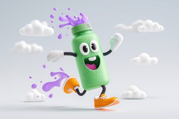 Green bottle mascot running with purple splash
