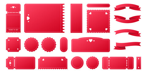 Valentine day lottery sales tickets and vouchers, price badges and coupons. Cute red backgrounds for romantic holiday marketing. Vector illustration.