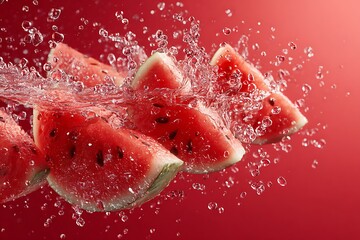 Watermelon slices splashing into refreshing water on red background