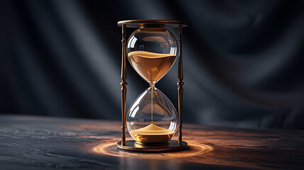 Hourglass time flowing sand captured in elegant glass with warm light and deep shadows
