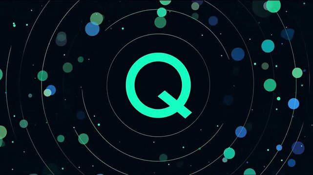 Abstract graphic of a teal letter q surrounded by orbiting spheres
