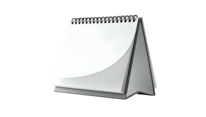 A blank, white spiral-bound desk calendar with a page partially turned
