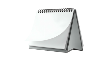 A blank, white spiral-bound desk calendar with a page partially turned