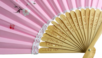 Half-opened pink folding hand fan with floral design & white lace trim. Bamboo frame visible