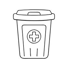 Vector art of a simple line drawing of a disposable coffee cup with a lid and a cross symbol on the label area