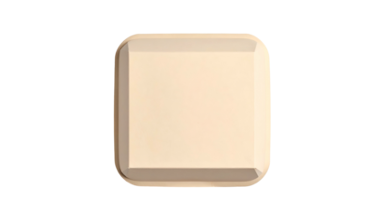 A beige, rounded-square button with a raised center, set against a stark black background