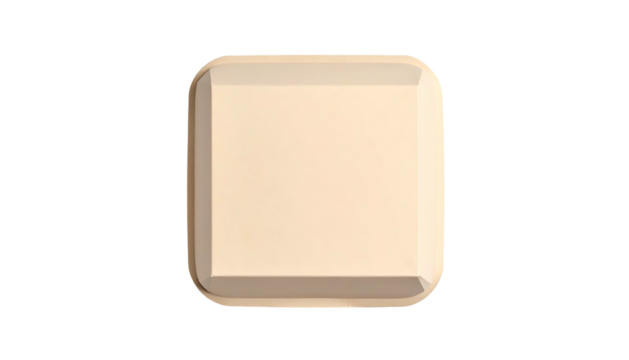 A beige, rounded-square button with a raised center, set against a stark black background