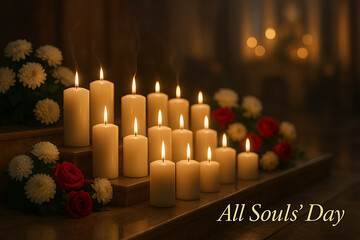Peaceful all souls’ day remembrance with candles and flowers glowing softly in church honoring departed loved ones with prayer and faith