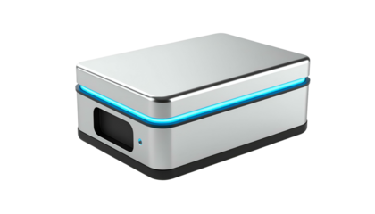 Rectangular electronic device with a metallic finish, blue accents, and a dark port
