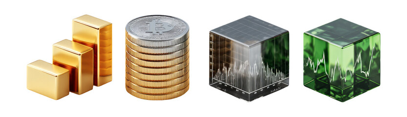 Isolated Clipart of Gold Bars, Stacked Coins, and Glass Cubes on Transparent Background