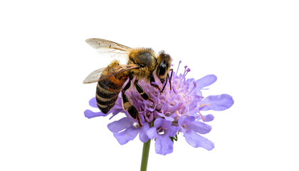 Two bees pollinate a purple flower, isolated on black, capturing intricate details