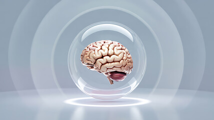 Detailed human brain visualized in futuristic digital interface with concentric light rings