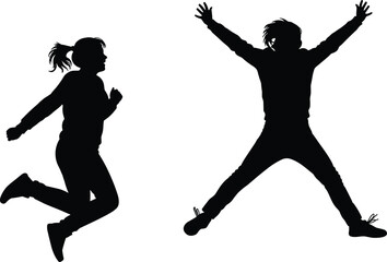 Energetic silhouette figures jumping and running, dynamic motion, black and white vector illustration, active pose, expressive movement, fitness concept, ponytail hairstyle