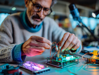A man working on a circuit board with wires and components attached to it, in an electronics lab or workshop setting