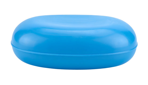 A smooth, oval-shaped, sky-blue plastic object, seemingly a container or a lid, isolated