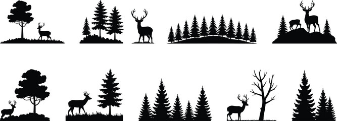 Forest and deer silhouette set, wildlife nature vector collection, conifer trees, woodland animals, landscape illustration, natural habitat, outdoor scenery icons