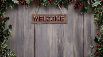 A wooden welcome sign dangles from a rustic fence, embraced by lush greenery and colorful flowers, creating a warm and inviting atmosphere