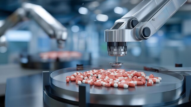 Robotic arms in futuristic pharmaceutical lab precisely filling capsules while automated systems analyze chemical samples, symbolizing advanced drug production, laboratory automation, and
