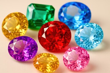 A collection of colored gems including a red one
