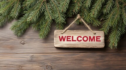 A rustic wooden welcome sign hangs from an evergreen branch, inviting guests with its warm, natural charm in a snowy setting