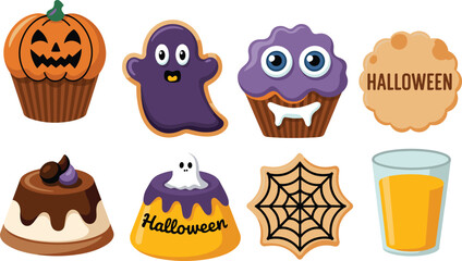 Halloween dessert illustration set, spooky treat vector collection with cupcakes, cookies, pudding, juice, ghost sweets, pumpkin candy, festive holiday design