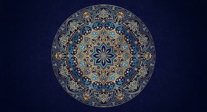Intricate blue and gold mandala design with a mesmerizing circular pattern