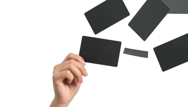 Hand holding a card with others floating against a black background, suggesting options
