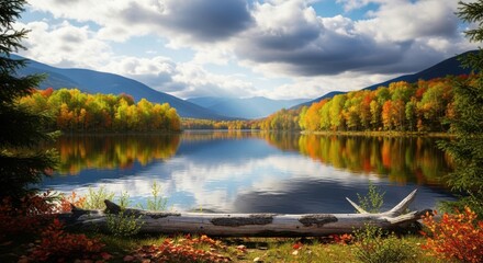 Serene lake reflecting colorful autumn trees and mountains under a dramatic cloudy sky