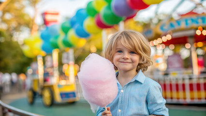 Cotton candy kid at fun fair with pastel balloons and carousel, sunny afternoon joy and sweet treat delight