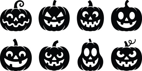 Halloween pumpkin silhouette set, jack-o’-lantern face icons, spooky carved pumpkin vector, scary and funny expressions, festive holiday decoration illustration