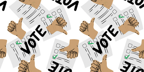 seamless pattern of a ballot paper with a vote mark and a hand showing a thumbs up sign illustration for elections political campaign democracy backgrounds