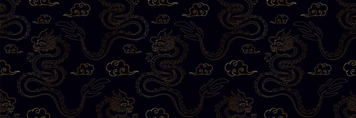 golden dragons clouds dark background traditional chinese new year ornament wallpaper decorative element repeating design packaging cover wrapping paper