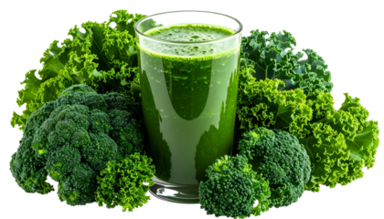 A glass of green juice surrounded by fresh broccoli and kale, on a black background
