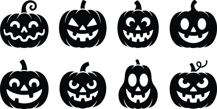 Halloween pumpkin silhouette set, jack-o’-lantern face icons, spooky carved pumpkin vector, scary and funny expressions, festive holiday decoration illustration